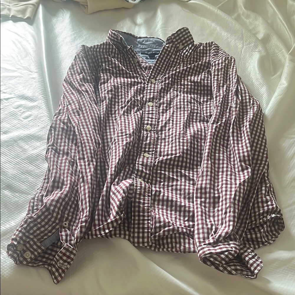 Tommy Hilfiger Maroon and White Plaid Shirt medium long sleeve button down